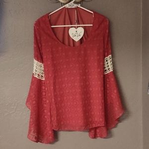 Bohemian Bell Crochet Detail Sleeve Flowy VaVa diamond pattern Red Blouse